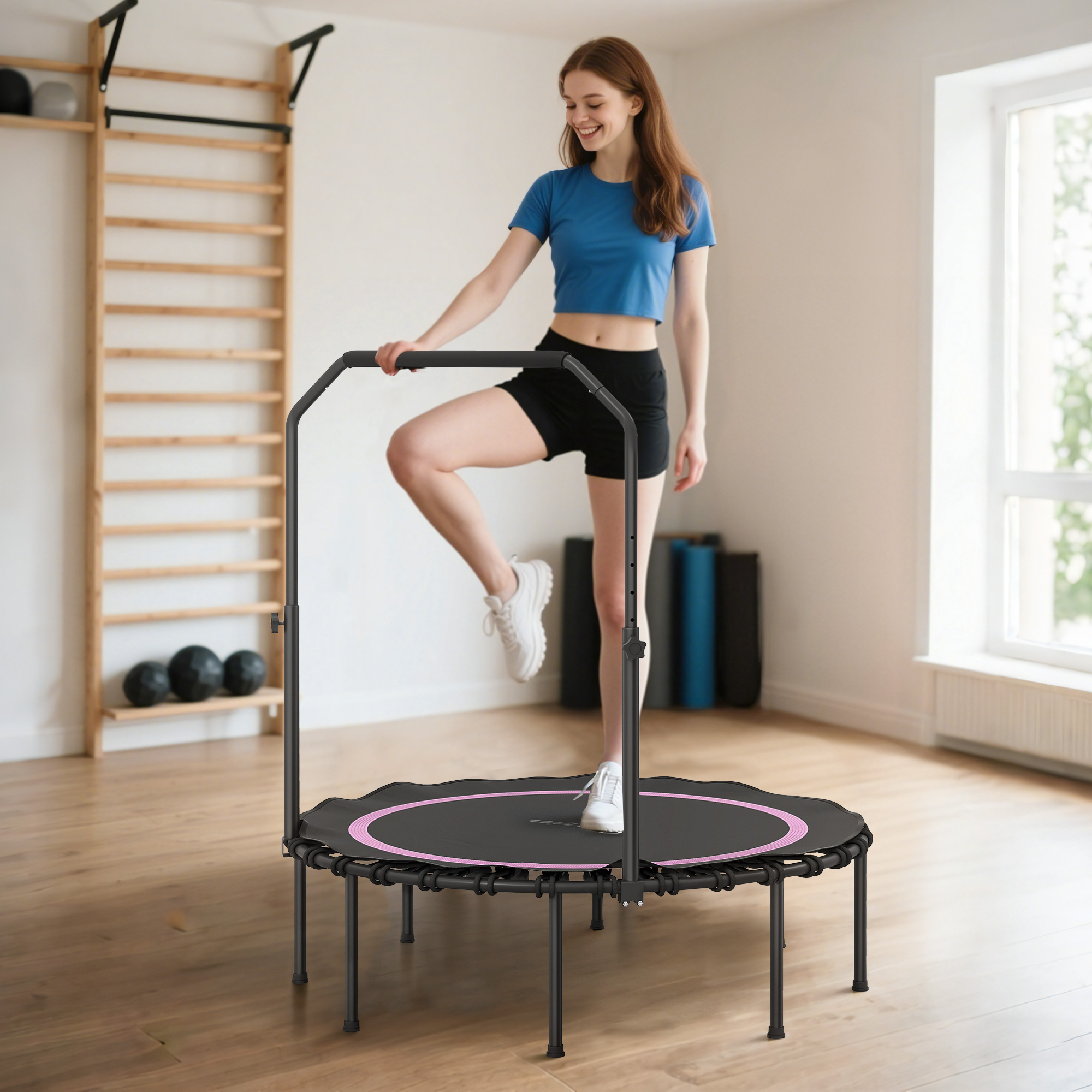 Trampoline Mini Indoor - Fitness Trampoline with T-Bar Handle 5-Level